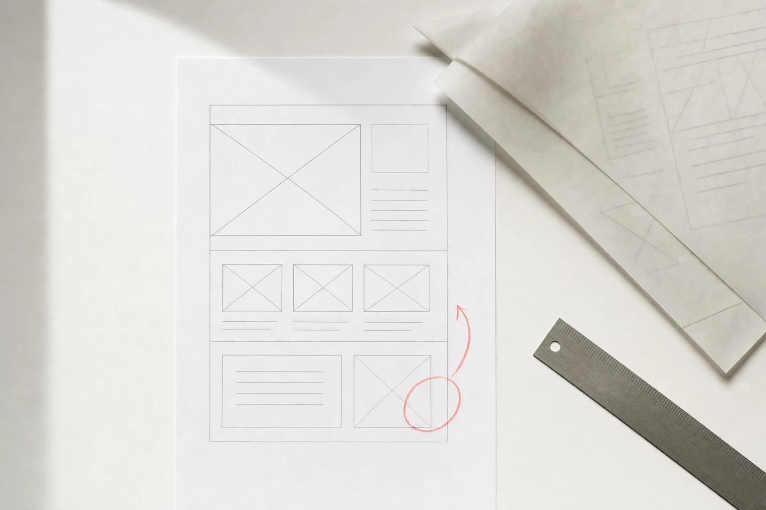 A design studio desk with wireframes and tracing paper