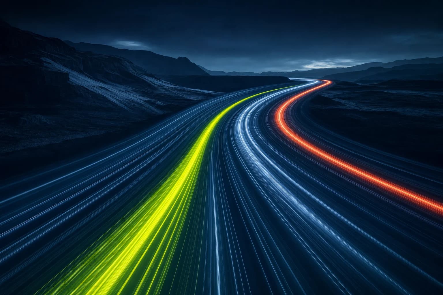 Lime and coral light trails moving through a midnight landscape